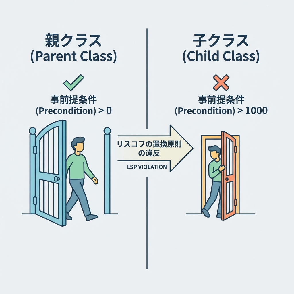 Parent Gate (open) vs Child Gate (narrow). LSP Precondition Violation.