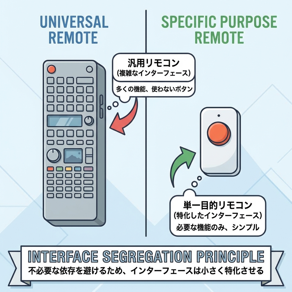 Universal Remote (complex) vs Specific Purpose Remote (simple).