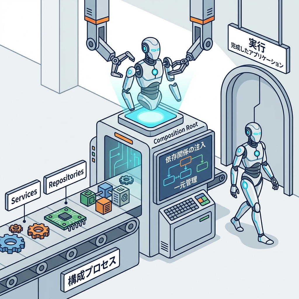 Factory assembly line (Composition Root) snapping Service robots together.